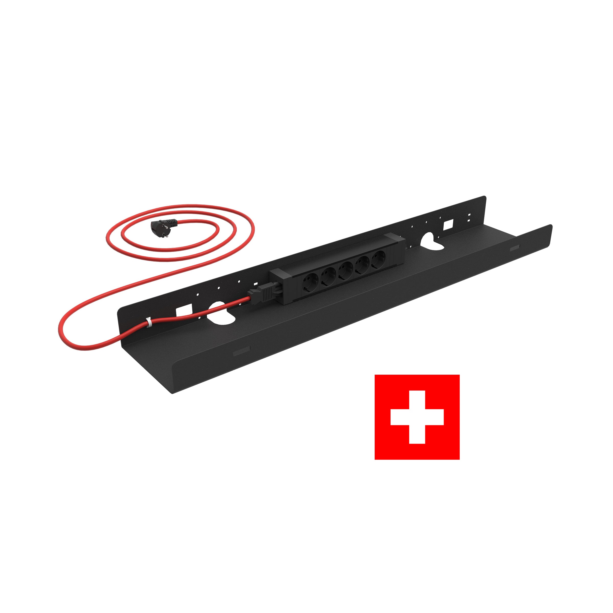 schwarzer Kabelkanal mit schwarzer Steckerleiste und rotem Kabel freigestellt auf weißem Hintergrund mit Schweizer Flagge Symbol