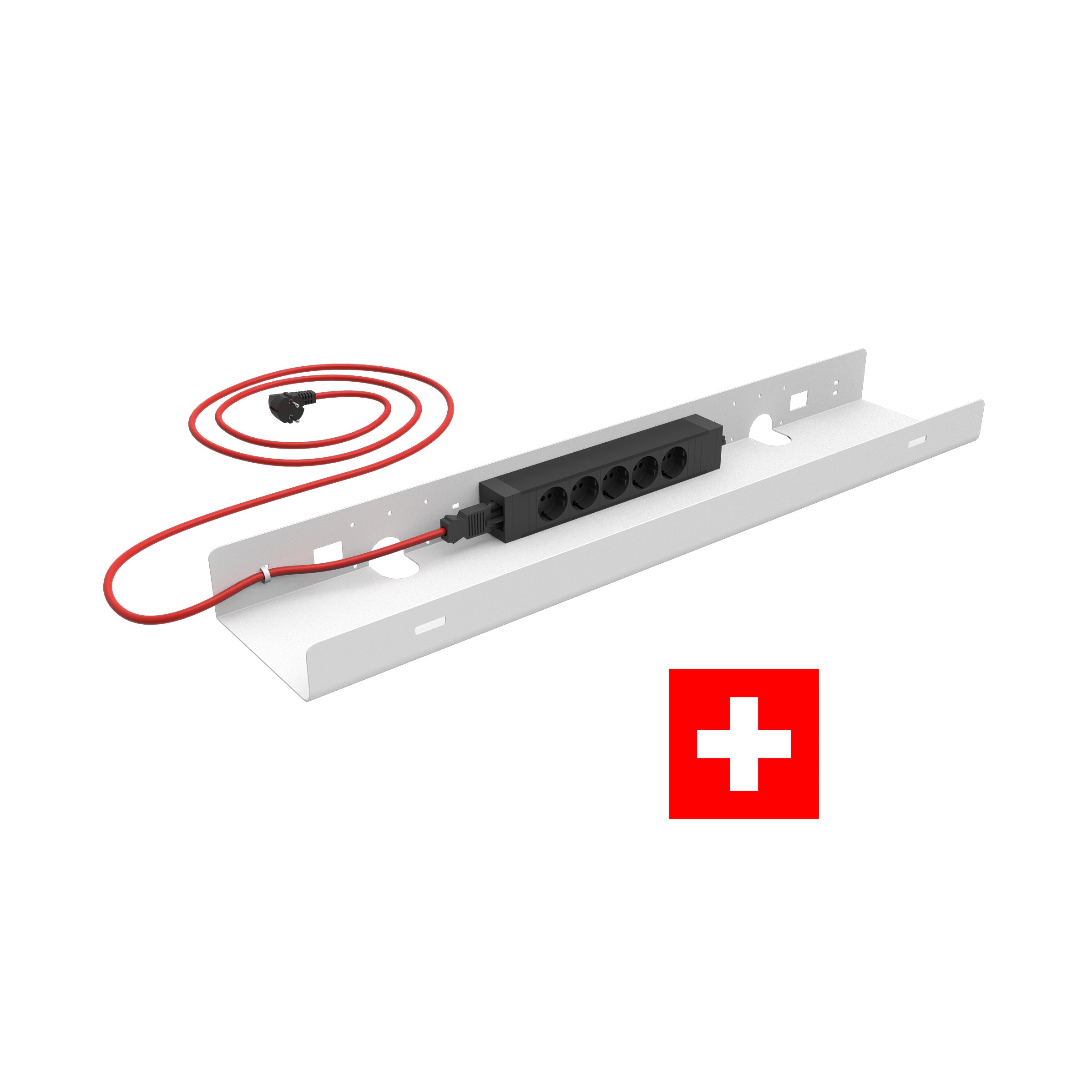 weißer Kabelkanal mit schwarzer Steckerleiste und rotem Kabel freigestellt auf weißem Hintergrund mit Schweizer Flagge Symbol