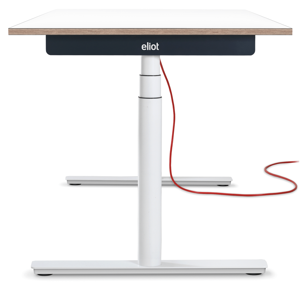 Höhenverstellbarer Schreibtisch Eliot vor weißem Hintergrund mit Multiplex Fenix Bianco Tischplatte
