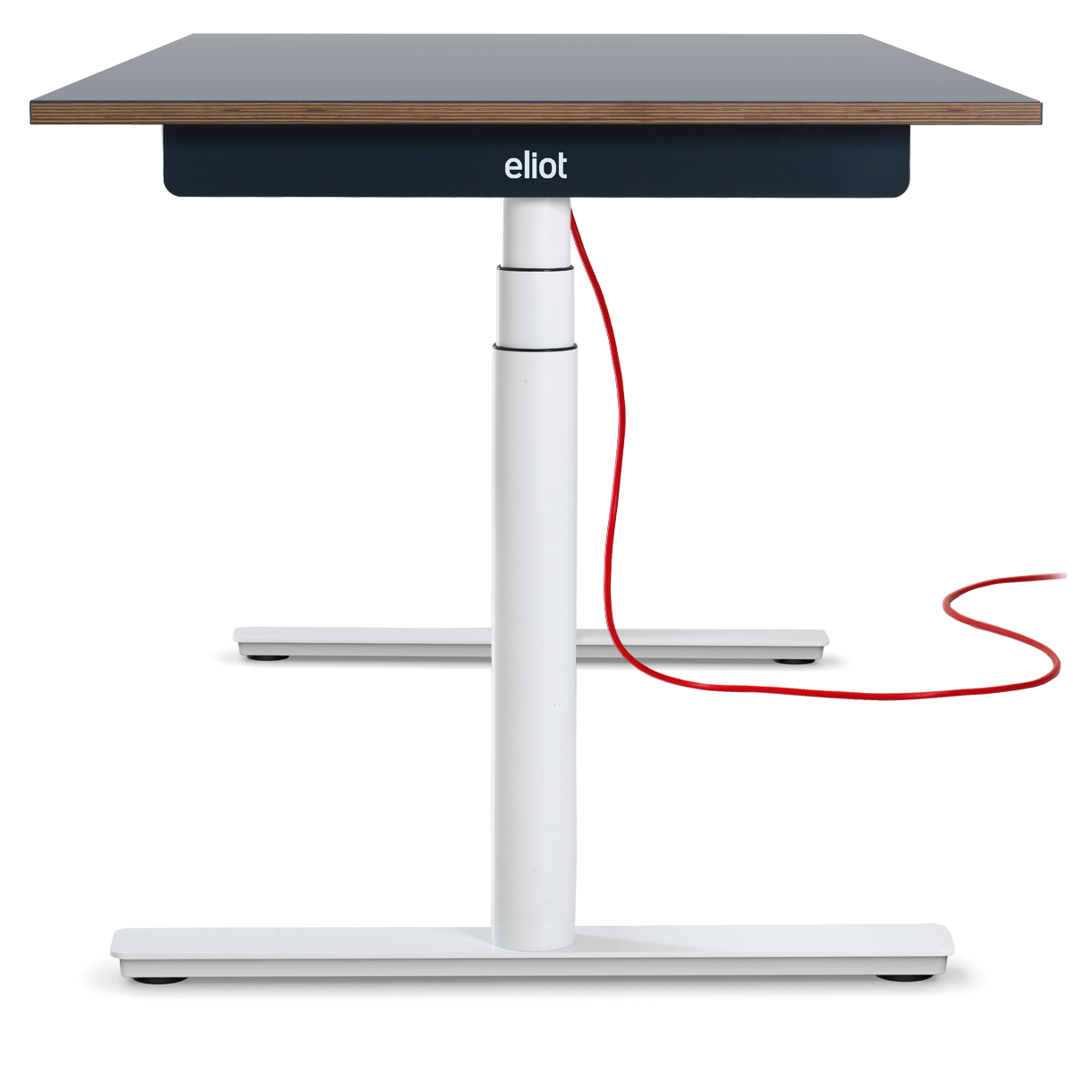 Höhenverstellbarer Schreibtisch Eliot vor weißem Hintergrund mit Fenix Grigio Multiplex Tischplatte