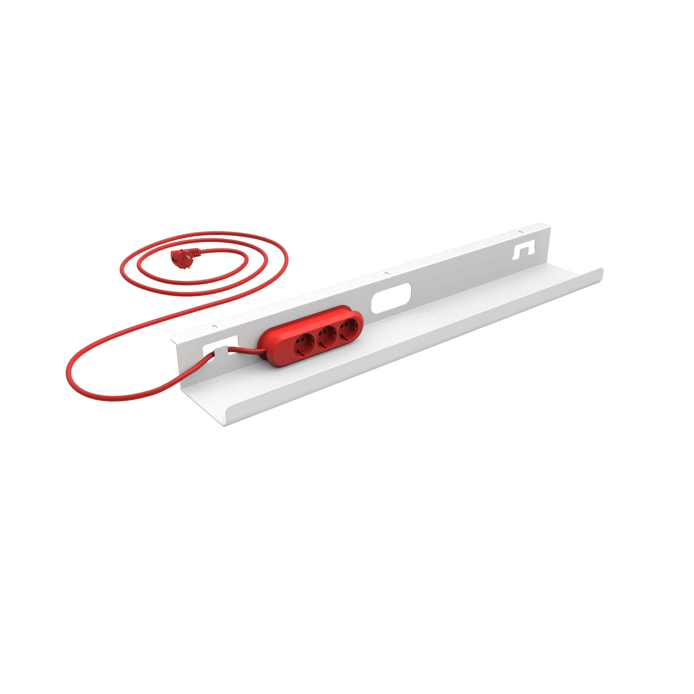 Weißer Kabelkanal mit 3-facher, roter Steckerleiste im Halbprofil vor weißem Hintergrund