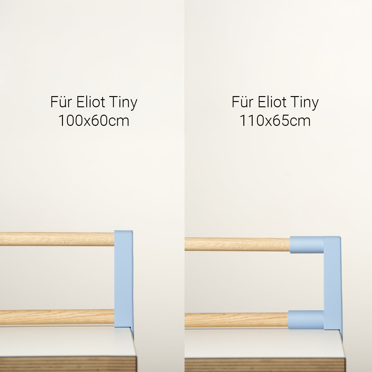 Direkter Vergleich zweier Kinderbettgitter: links mit der Aufschrift „Für Eliot Tiny 100 x 60 cm“, rechts mit der Aufschrift „Für Eliot Tiny 110 x 65 cm“; beide verfügen über Holzstangen und hellblaue Akzente – sie sind so konzipiert, dass sie perfekt zum „Tiny Top Kids Set Schreibtischaufsatz Hellblau“ von Smartfurniture GmbH passen oder sich wunderbar mit einem „Maltisch Kinder Kinderschreibtisch“ kombinieren lassen, um einen abgestimmten Look im Kinderzimmer zu erzielen.