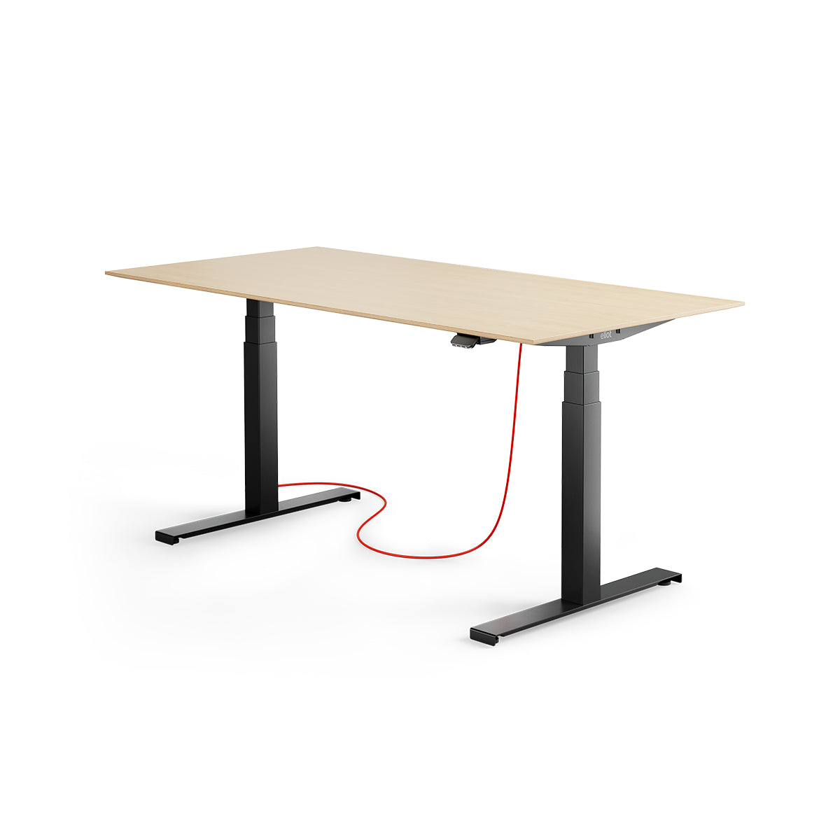 schwarzer, höhenverstellbarer Schreibtisch mit Eiche-Tischplatte