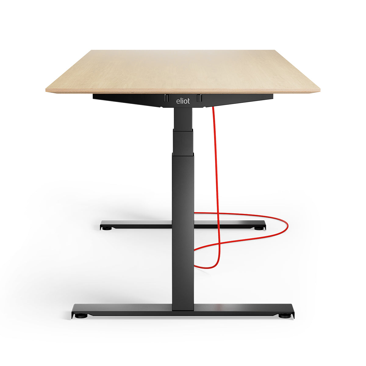 schwarzer, höhenverstellbarer Schreibtisch mit Eiche Tischplatte