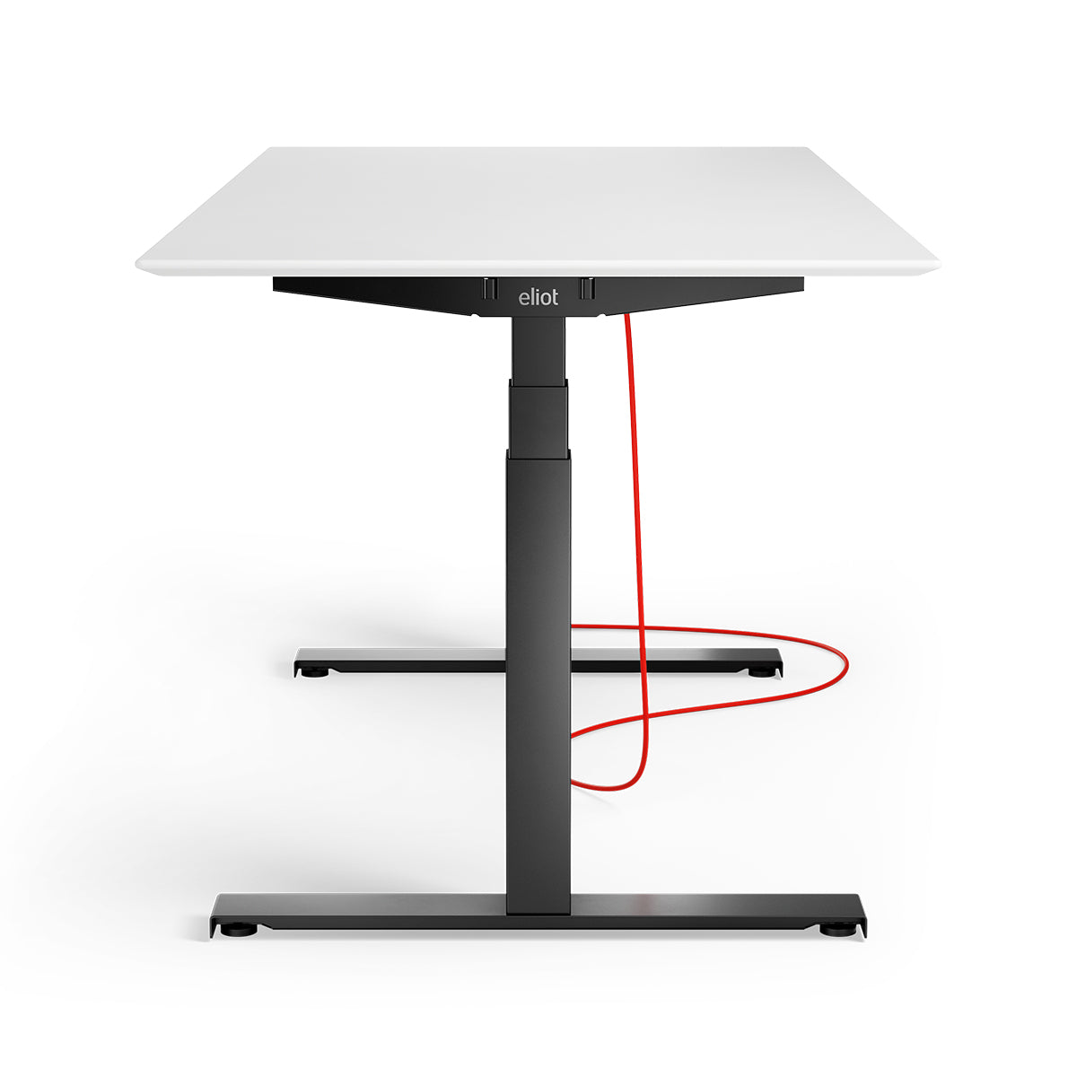 schwarzer, höhenverstellbarer Schreibtisch mit weißer Tischplatte