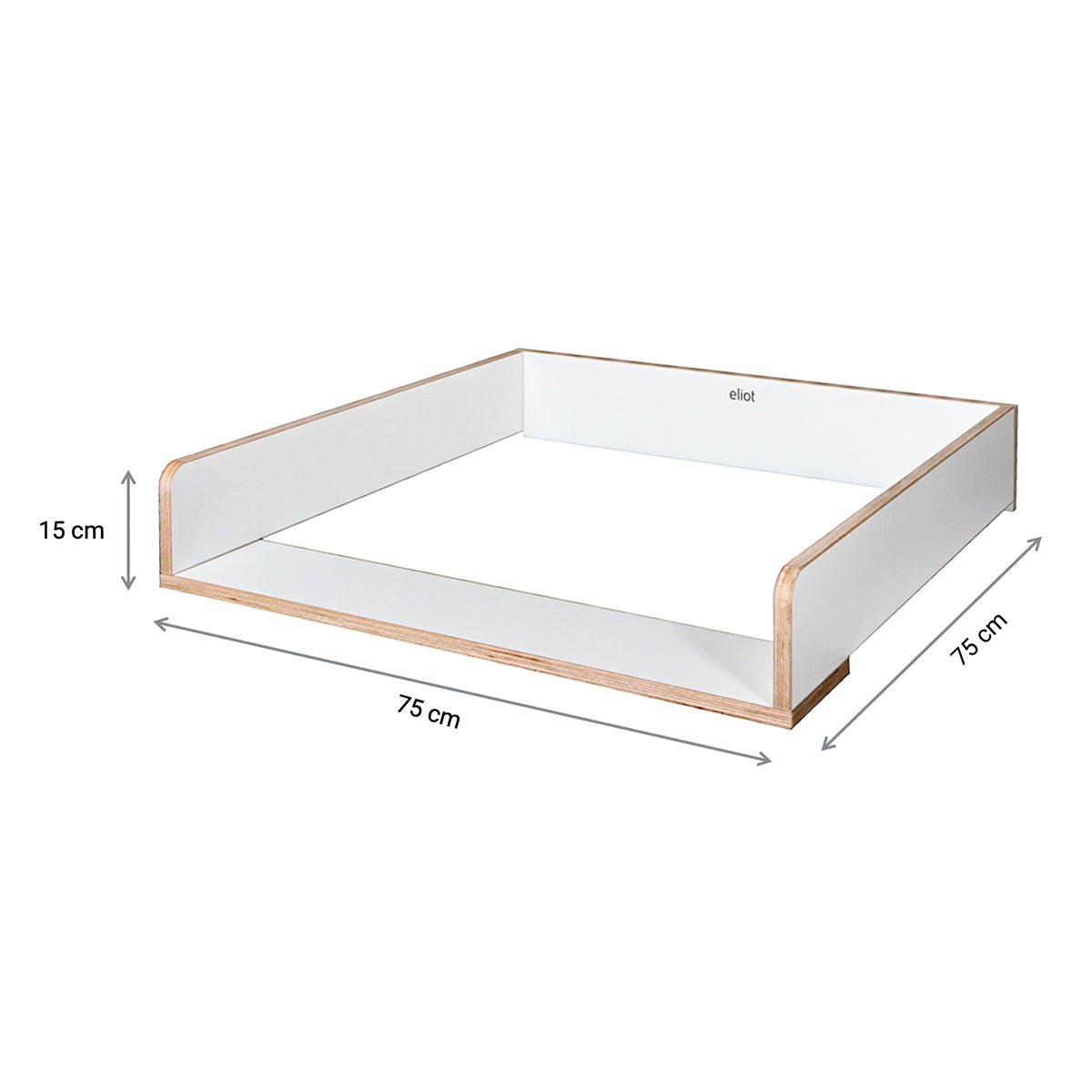 Der Smartfurniture GmbH Wickelaufsatz (für Eliot Tiny White Tischplatte 100x60cm) ist ein weißes Holztablett mit offener Front und niedrigen Seiten, mit den Maßen 75x75x15 cm. Pfeile und Etiketten zeigen alle Abmessungen für eine einfache Referenz.