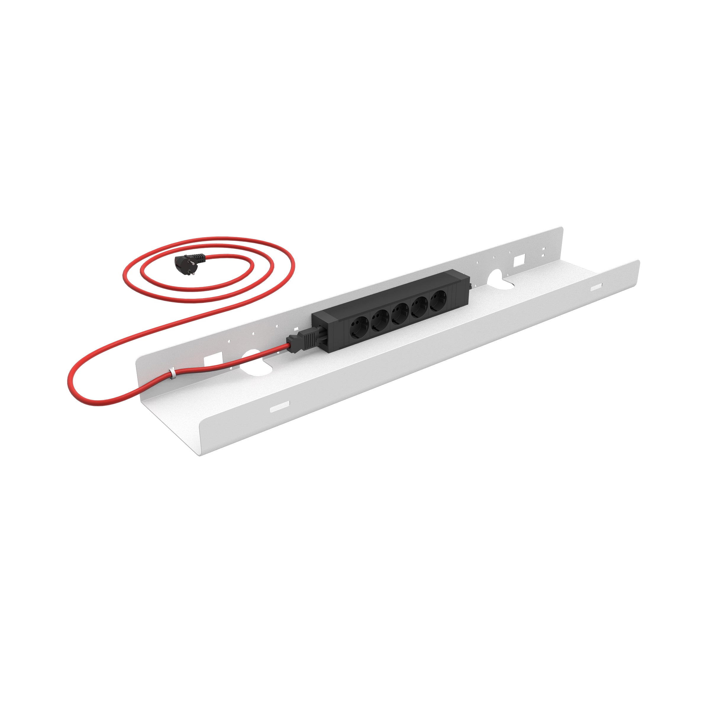 weißer Kabelkanal mit schwarzer Steckerleiste und rotem Kabel freigestellt auf weißem Hintergrund
